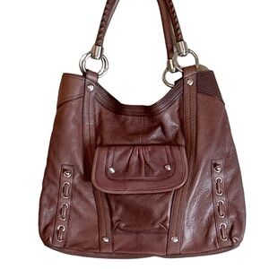 B Makowsky Large Hobo Front Pocket Double Strap Brown Leather Bag Silver Accents
